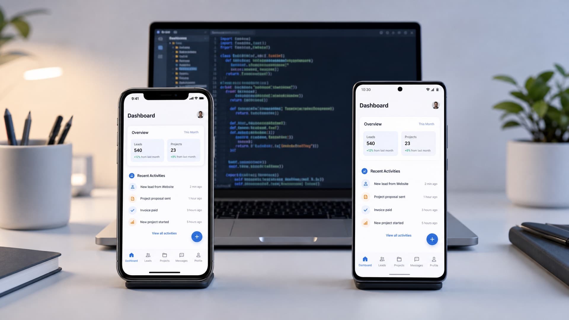 Two phones showing the same app on iOS and Android, with a laptop behind displaying one shared codebase