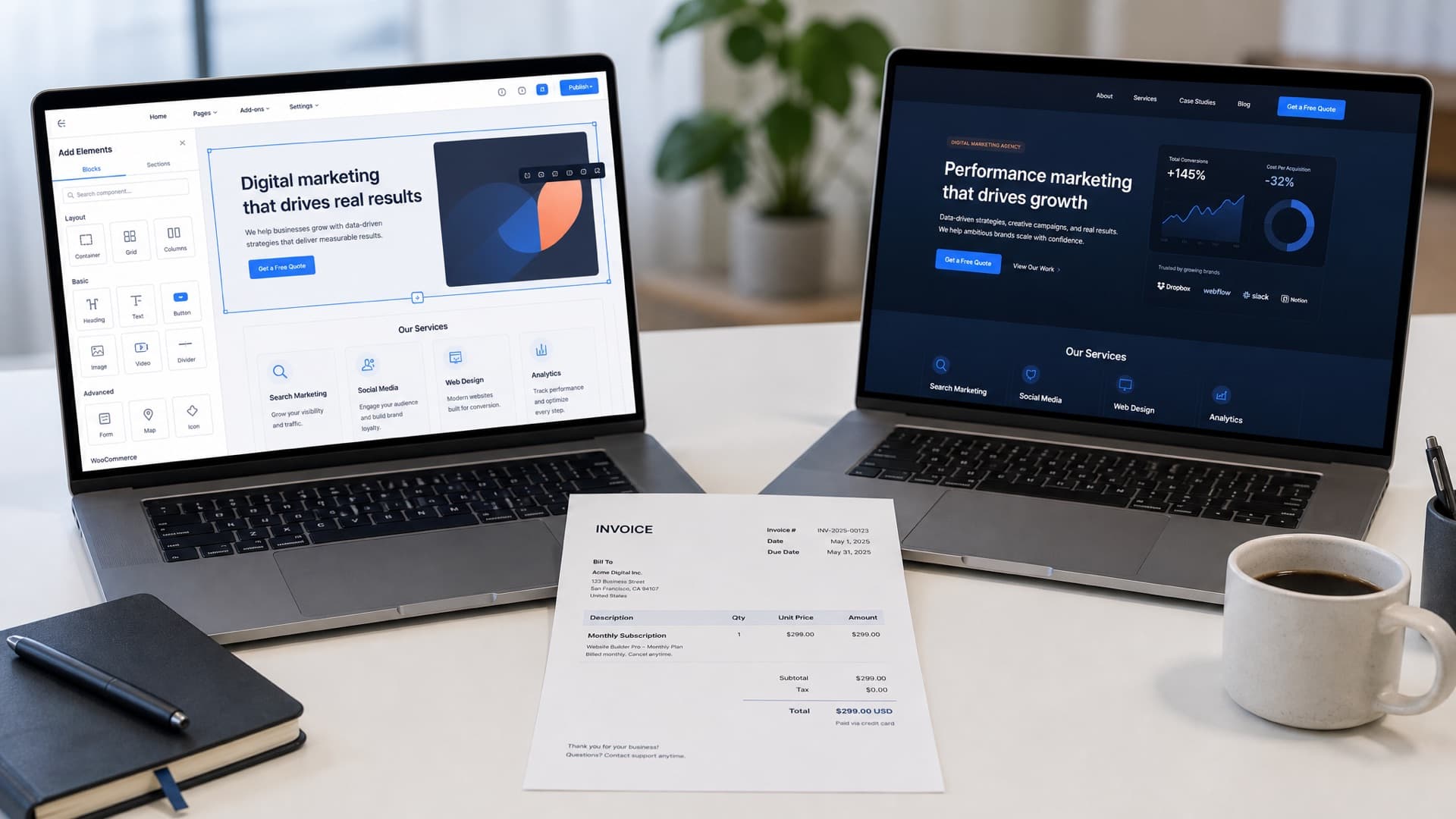 A laptop showing a drag-and-drop website builder beside one showing a custom-coded site, with a monthly subscription invoice between them