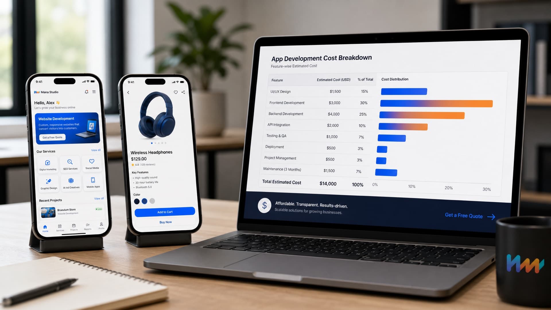 Two phones showing app screens beside a laptop displaying an app development cost breakdown with feature line items