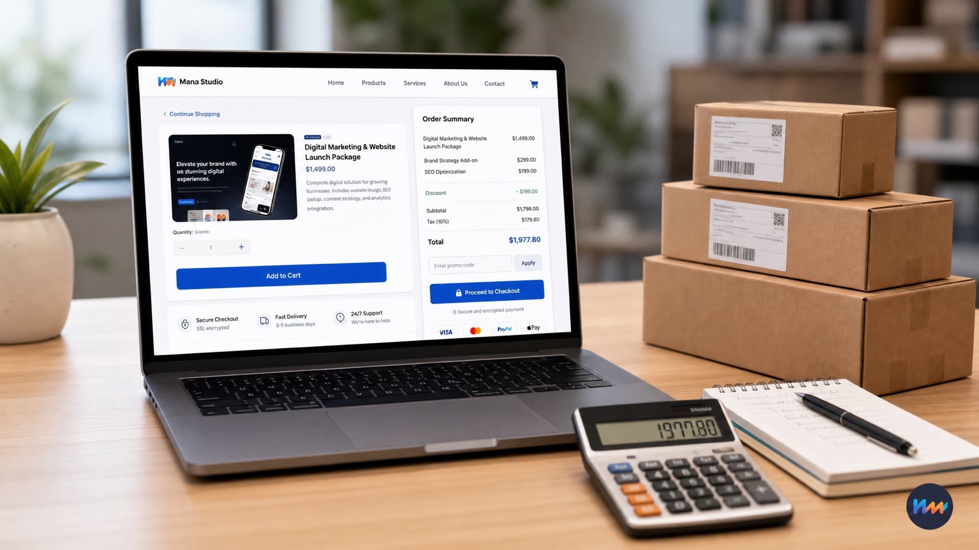 A laptop showing an online store checkout page beside stacked shipping boxes and a calculator