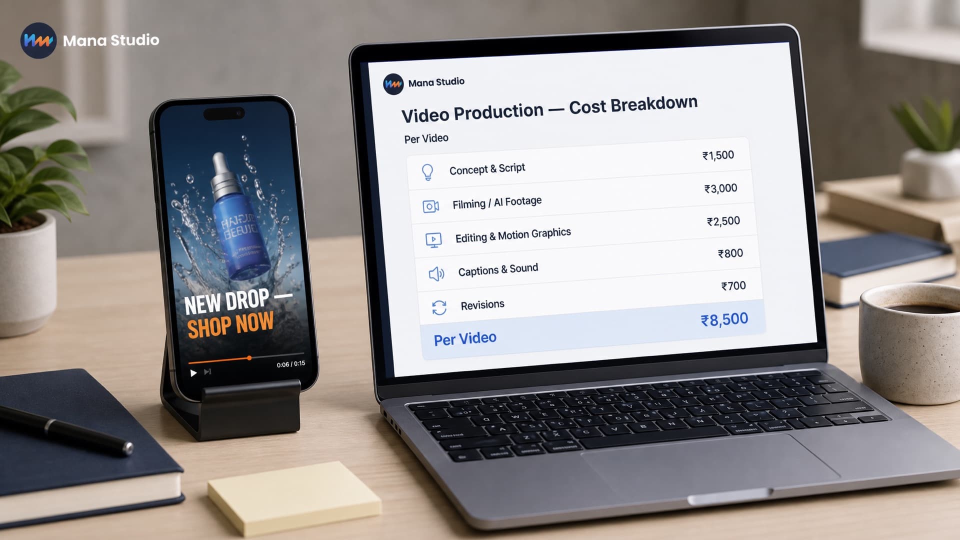 A phone on a stand playing a vertical video ad beside a laptop showing a video production cost breakdown