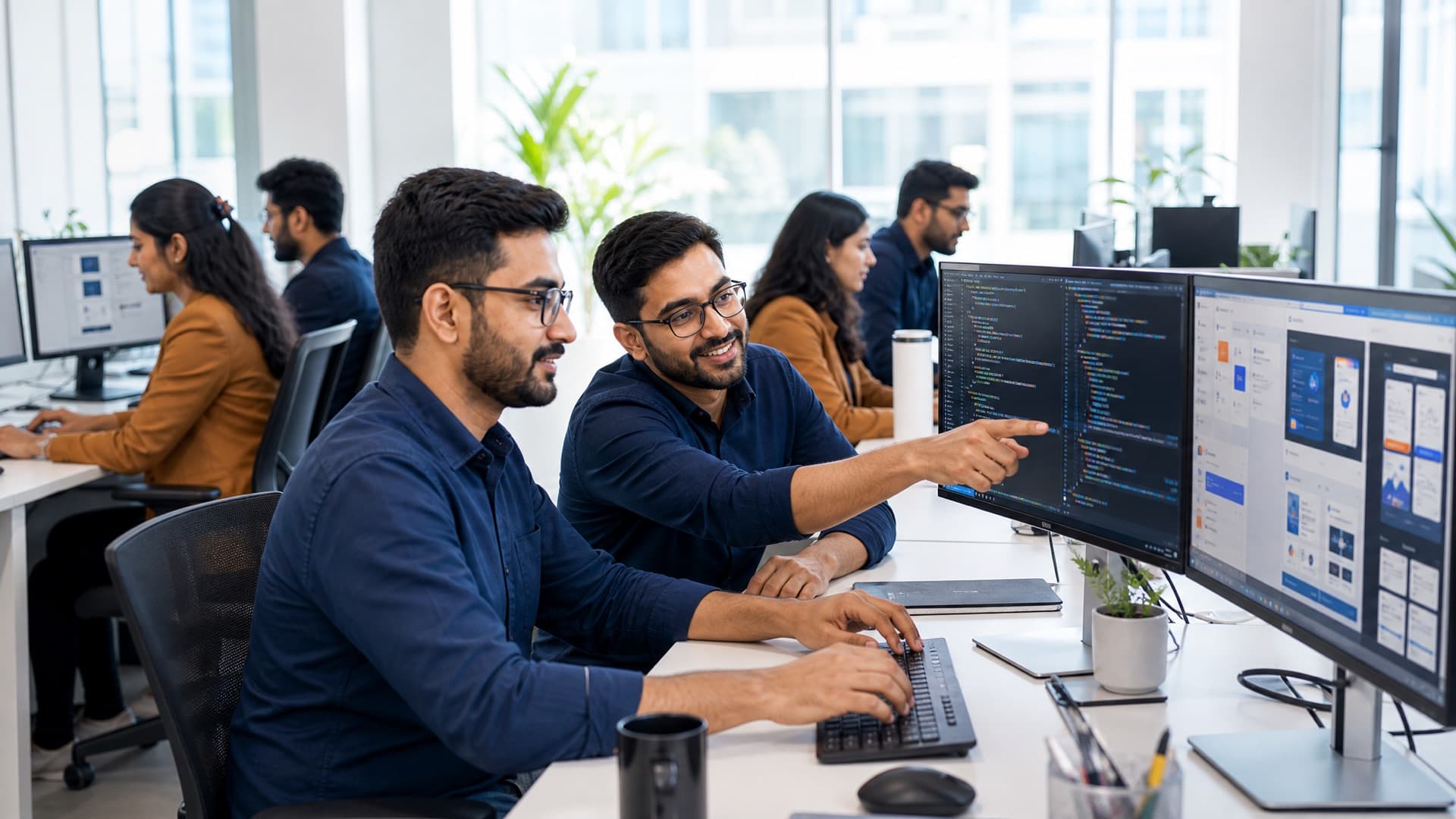 A software development team working at desks with dual monitors showing code and design files