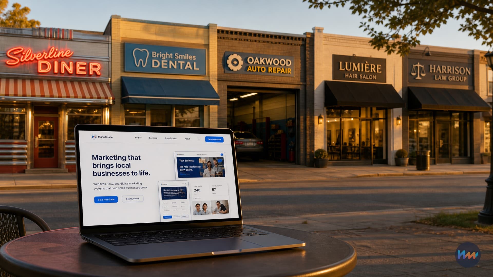 A row of American main-street businesses — a diner, a dental office and an auto shop — with a laptop in the foreground showing a business website