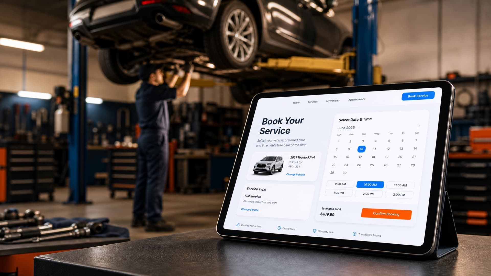 A tablet showing a vehicle service booking page in an auto repair bay, with a car raised on a lift behind it