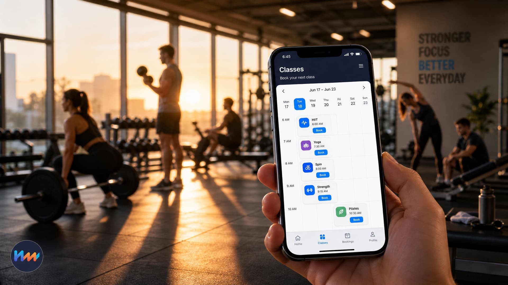 A phone showing a fitness class booking app with a weekly schedule, held on a gym floor at sunrise