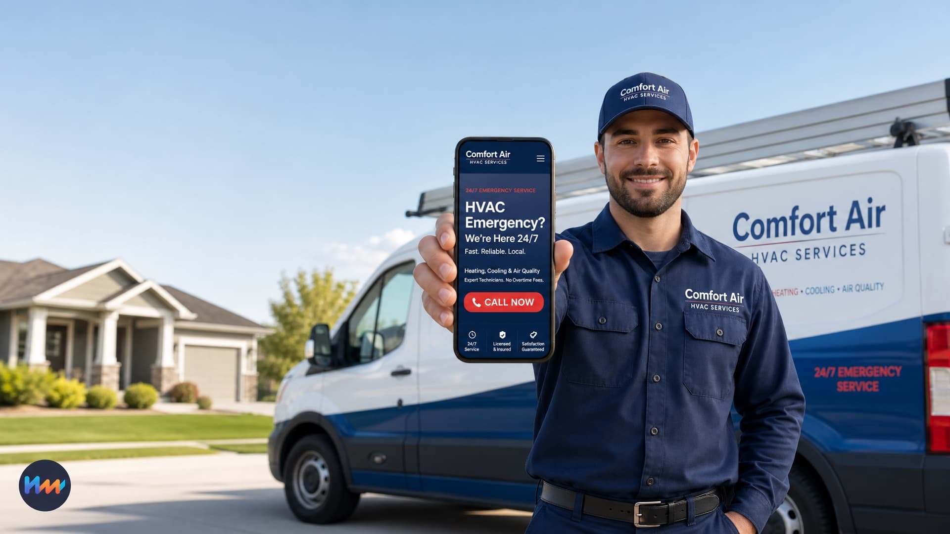 An HVAC technician beside a service van holding a phone showing an emergency service page with a call-now button