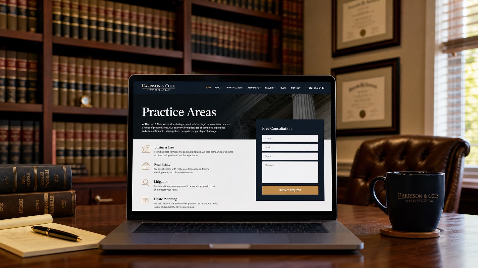 A laptop in a law office showing an attorney practice-areas page with a free consultation form