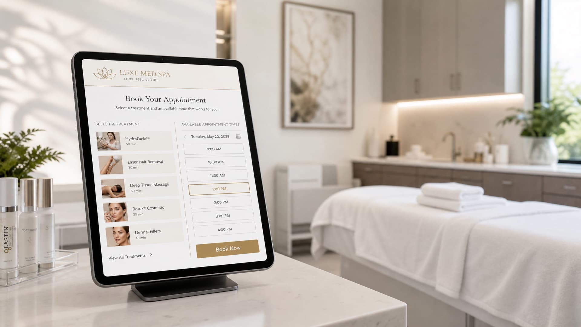 A tablet on a med spa counter showing an online booking page listing treatments and appointment times