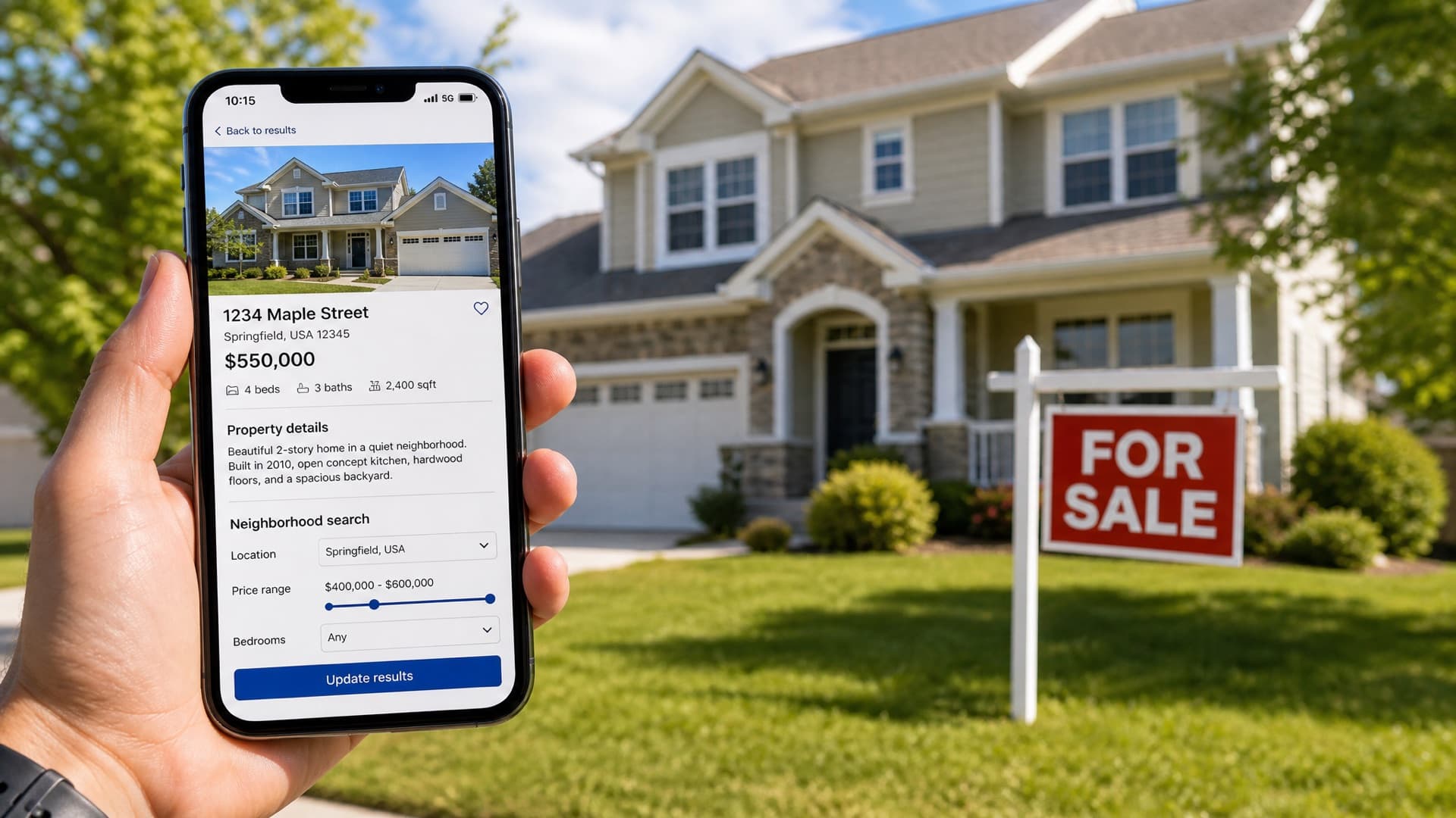 A phone showing a property listing page, held in front of a suburban house with a for-sale sign on the lawn