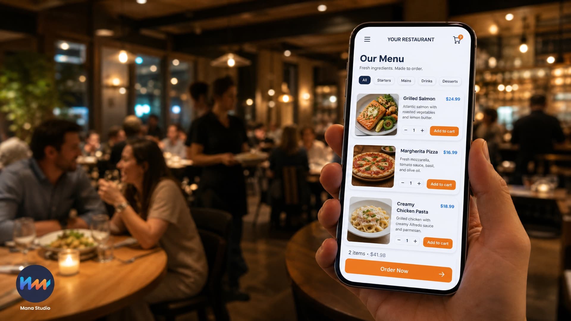 A phone showing a restaurant's own online ordering page and menu, held in a busy dining room during dinner service