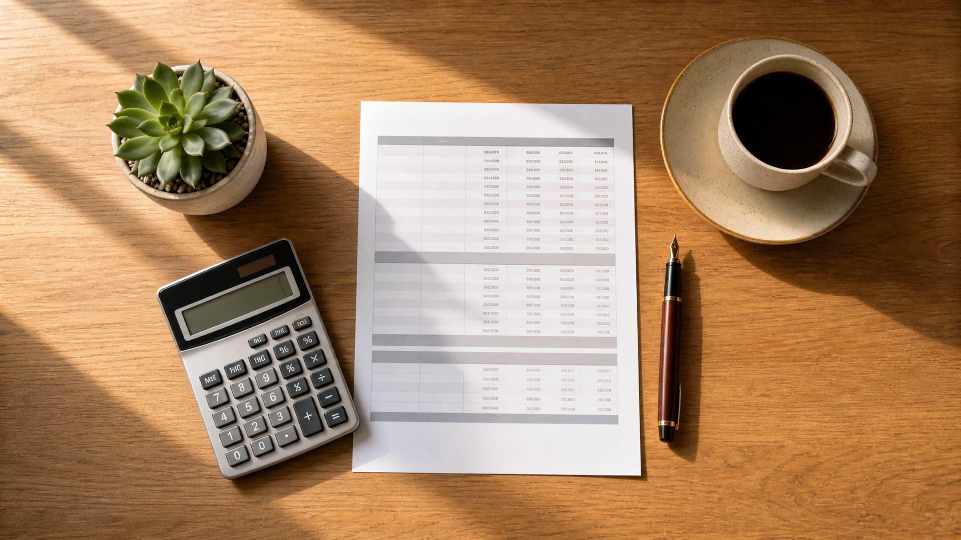 An overhead desk with a calculator, a pen and a printed timesheet of hours, lit by morning window light