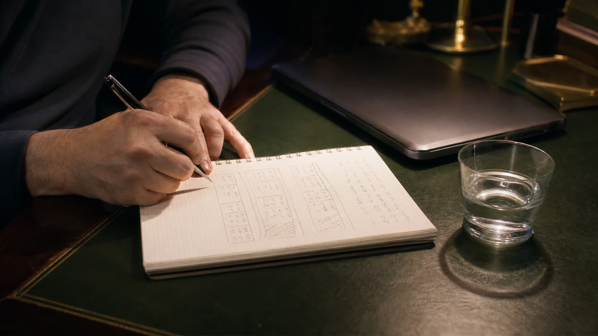 Hands writing a cost breakdown into a graph notebook beside a closed laptop on a dark green desk