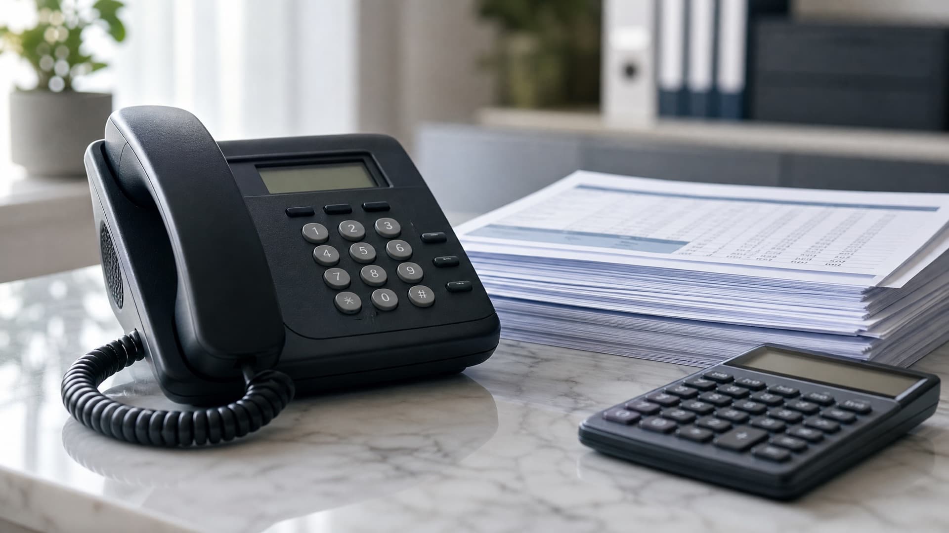 A desk telephone beside a stack of itemised statements and a calculator on a pale marble counter