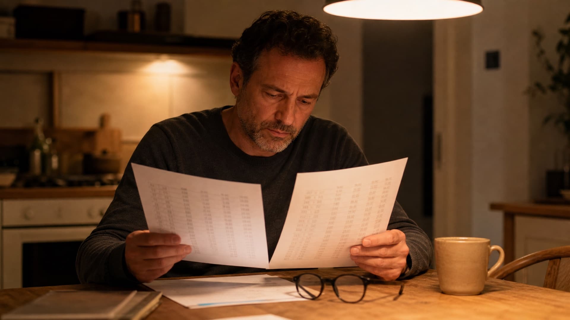 A business owner at a kitchen table in the evening comparing two printed quotes side by side