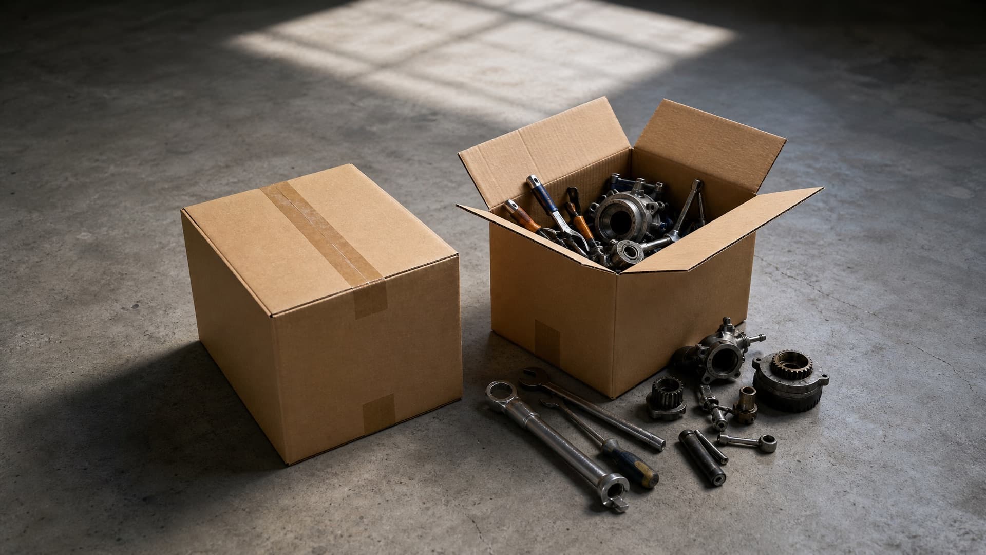Two identical cardboard boxes on a concrete floor, one sealed and one open with tools spilling out