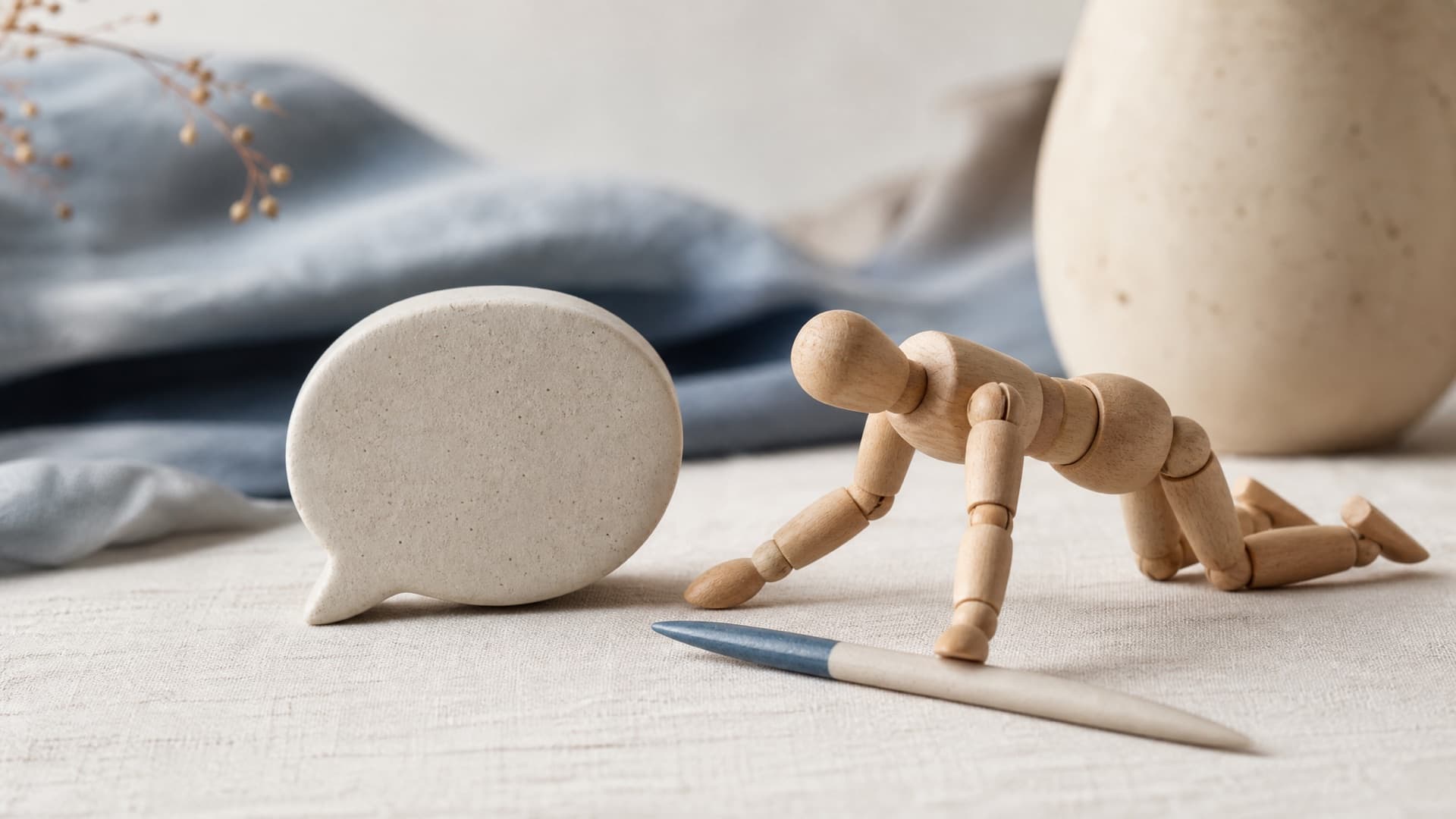 A stone speech-bubble shape beside a wooden artist's mannequin reaching toward a tool on pale linen
