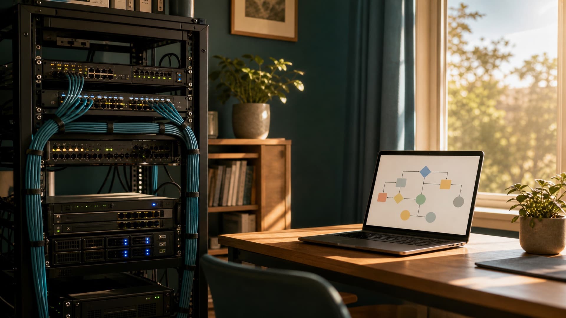 A small home-office server rack with status lights beside a desk and laptop in late afternoon sun