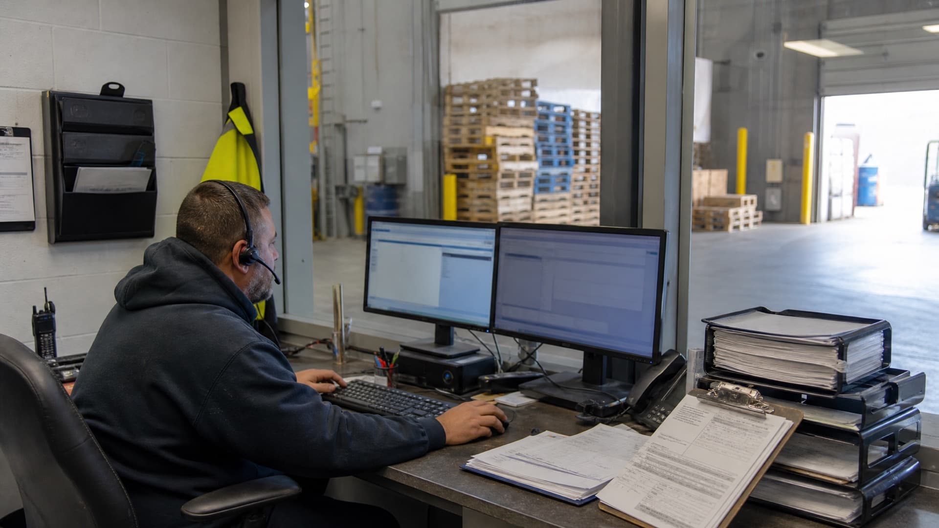 A freight dispatcher in a headset working two monitors at a warehouse desk, loading bay and pallets visible through the window