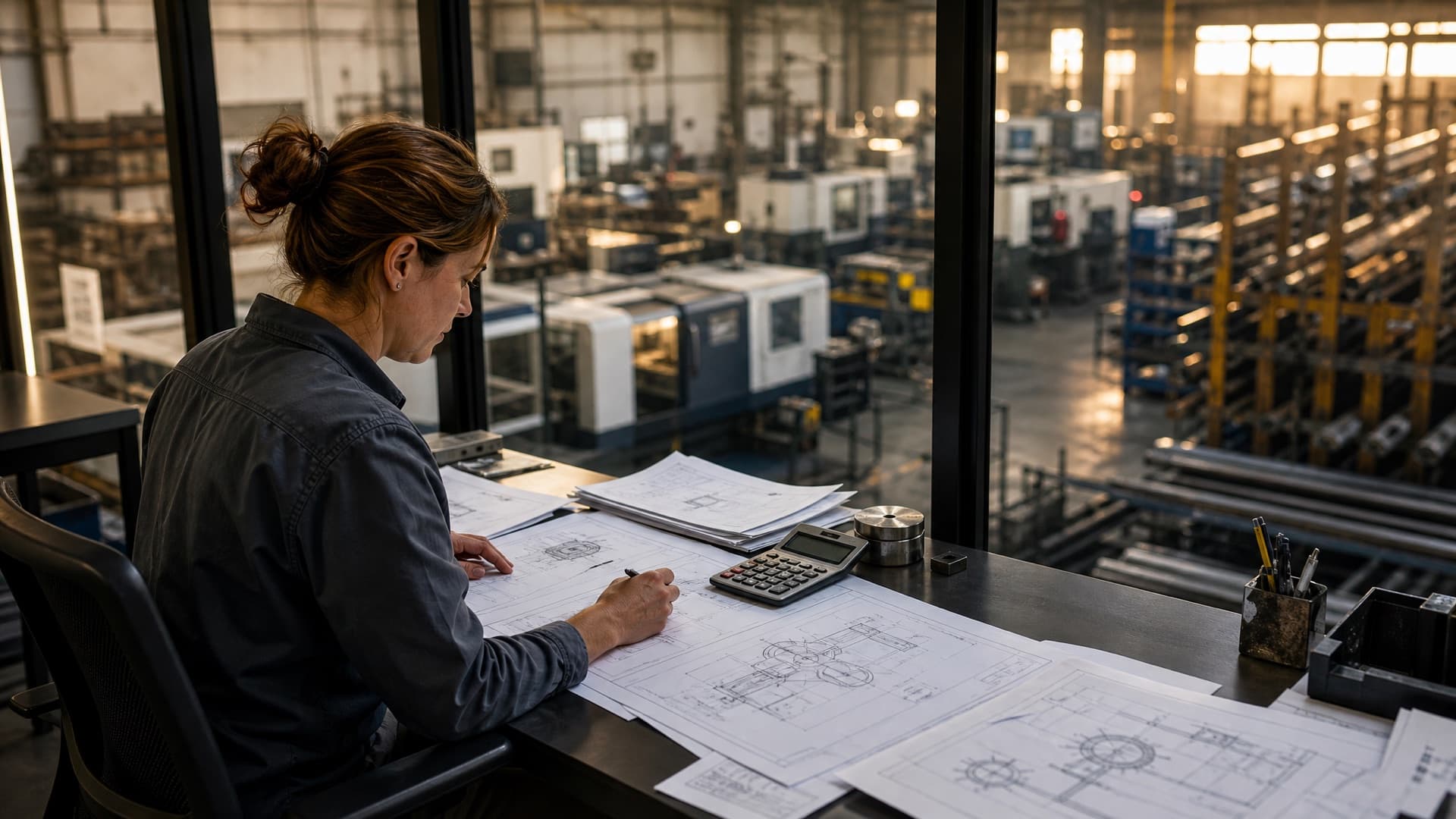 A production manager reviewing technical drawings at a desk overlooking a machine shop floor in late afternoon light