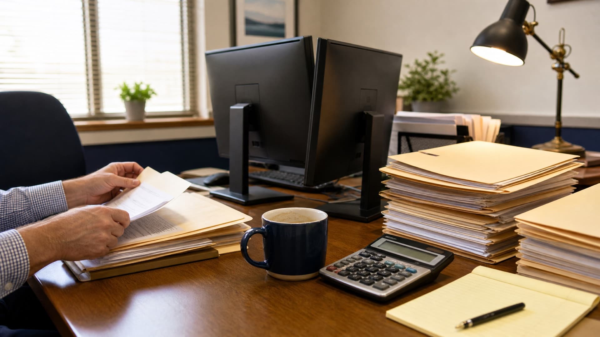 An accountant sorting through tall stacks of client folders at a desk during busy season