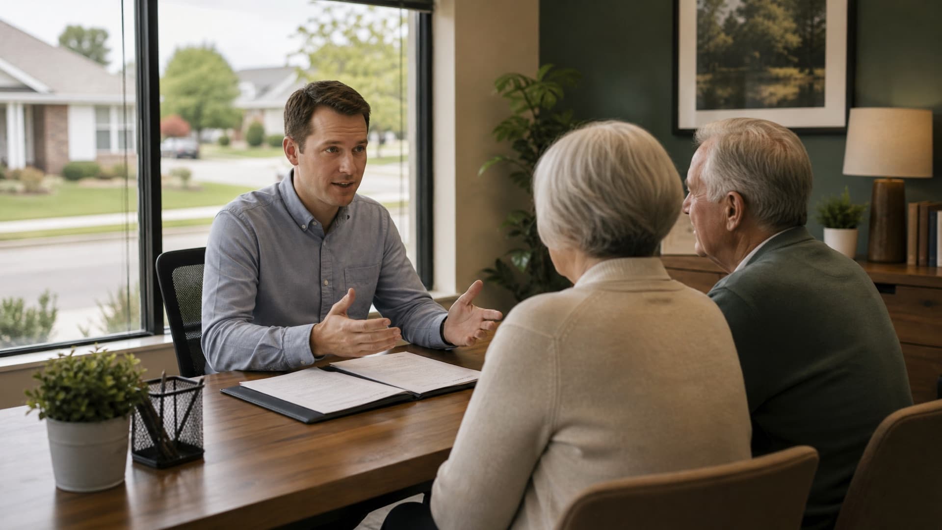 An insurance agent explaining a policy to an older couple across a desk in a suburban storefront office