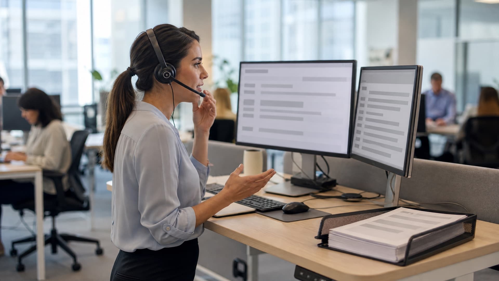 A recruiter on a headset at a standing desk in a bright open-plan office, colleagues working behind