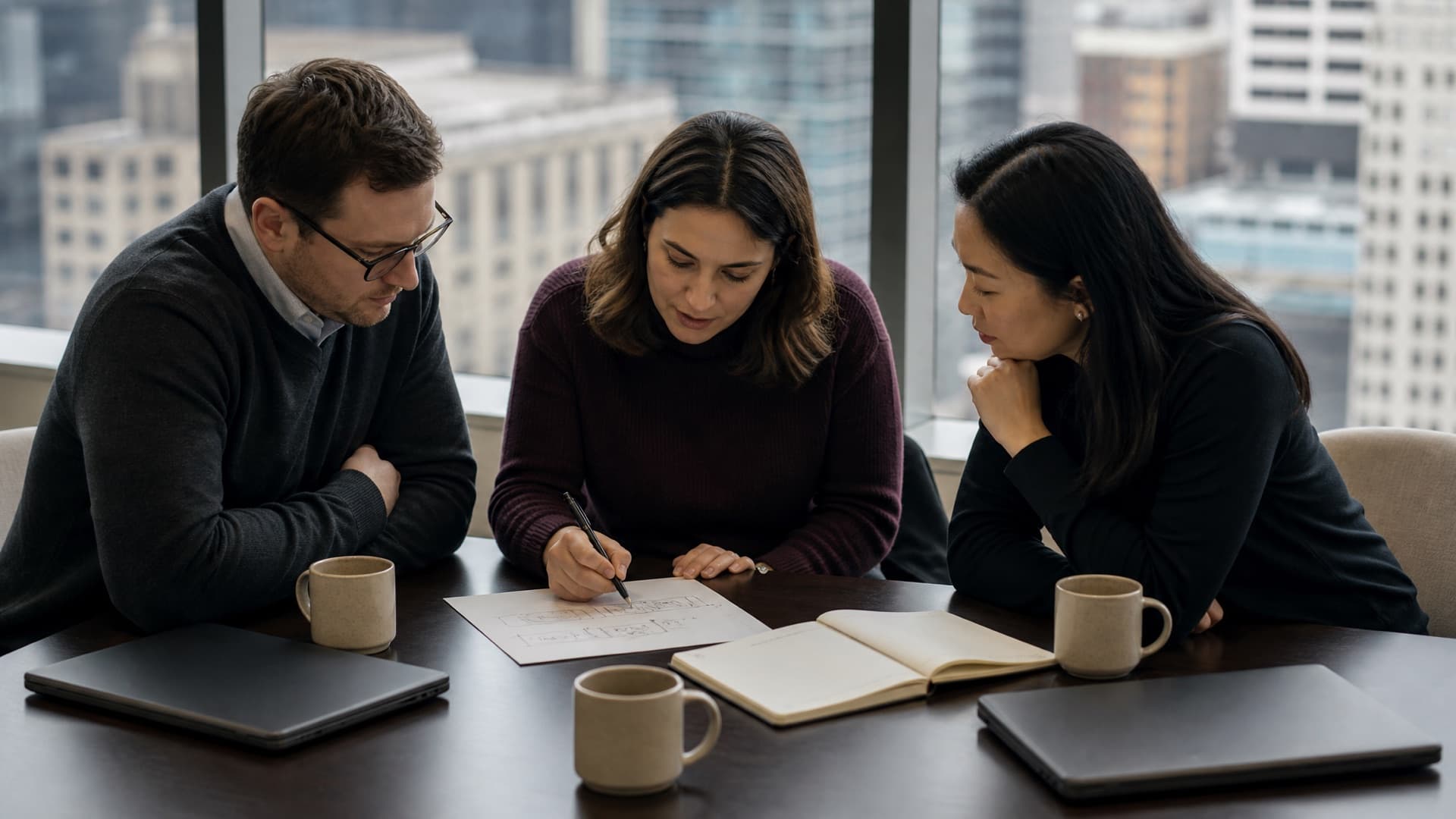 Three consultants leaning over a hand-drawn diagram at a meeting table with a city skyline behind them